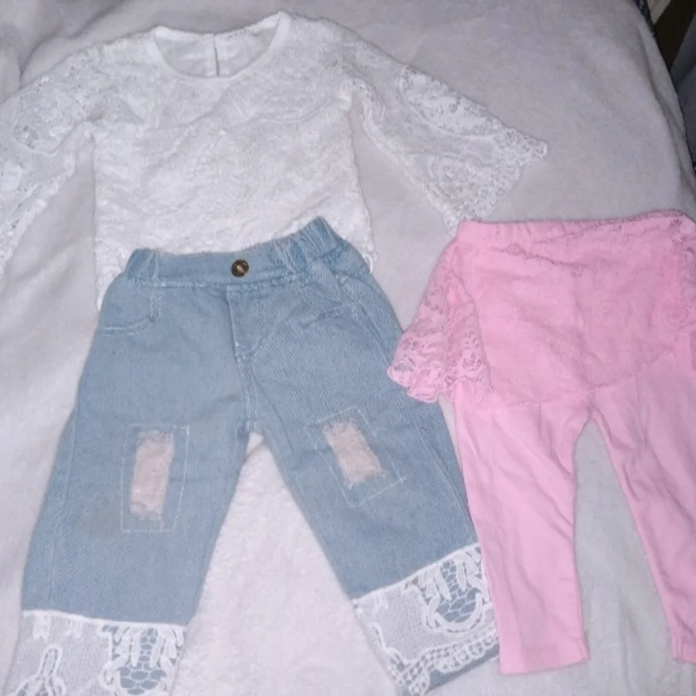 Baby Girl 9-12 Months Crochet Lace Outfit With Lace Skirt Leggings EUC Beautiful